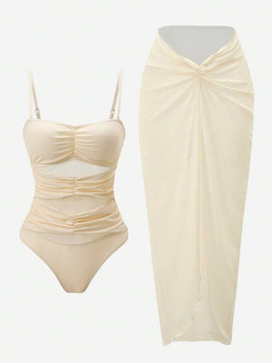 Conjunto De Traje De Baño Cut Out Con Falda Pareo Beige