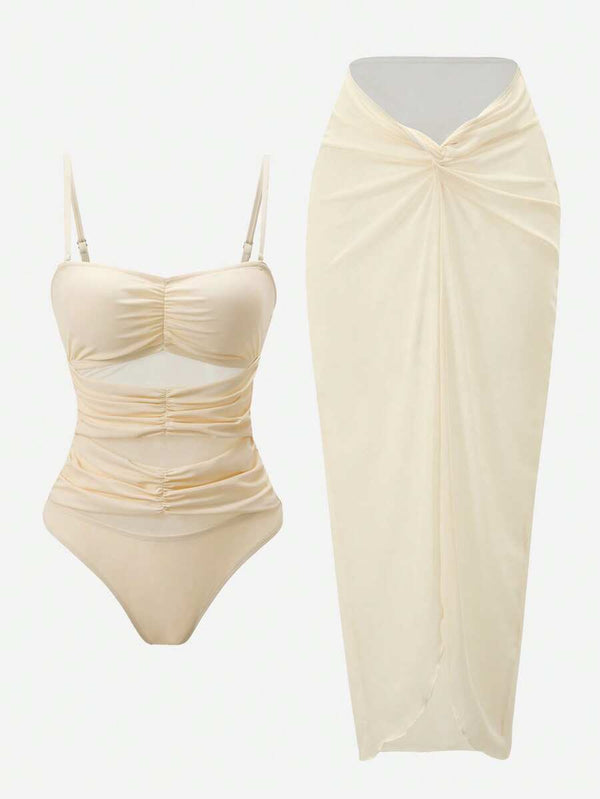 Conjunto De Traje De Baño Cut Out Con Falda Pareo Beige
