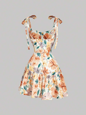 Vestido Floral Corto Con Lazos En Hombros