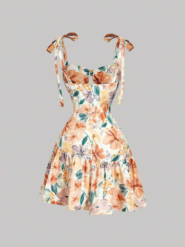 Vestido Floral Corto Con Lazos En Hombros