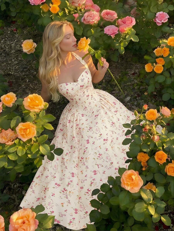 Vestido Floral Midi Con Escote Halter Estilo Bohemio