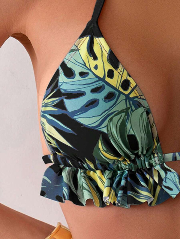 Bikini De Talle Alto Con Estampado Tropical Y Volantes