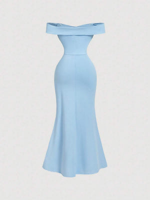 Vestido Largo Elegante Con Hombros Descubiertos Azul Cielo