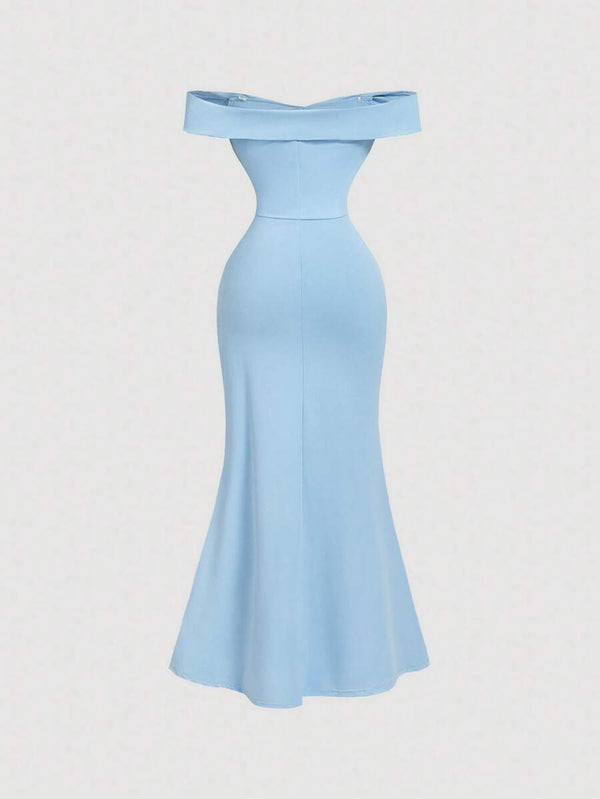 Vestido Largo Elegante Con Hombros Descubiertos Azul Cielo