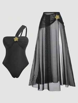 Traje de Baño Asimétrico Negro Con Falda Larga de Malla