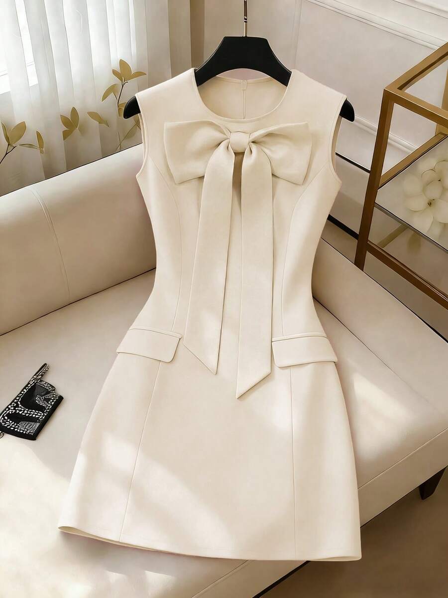 Detalle del lazo decorativo en el escote del vestido corto sin mangas.