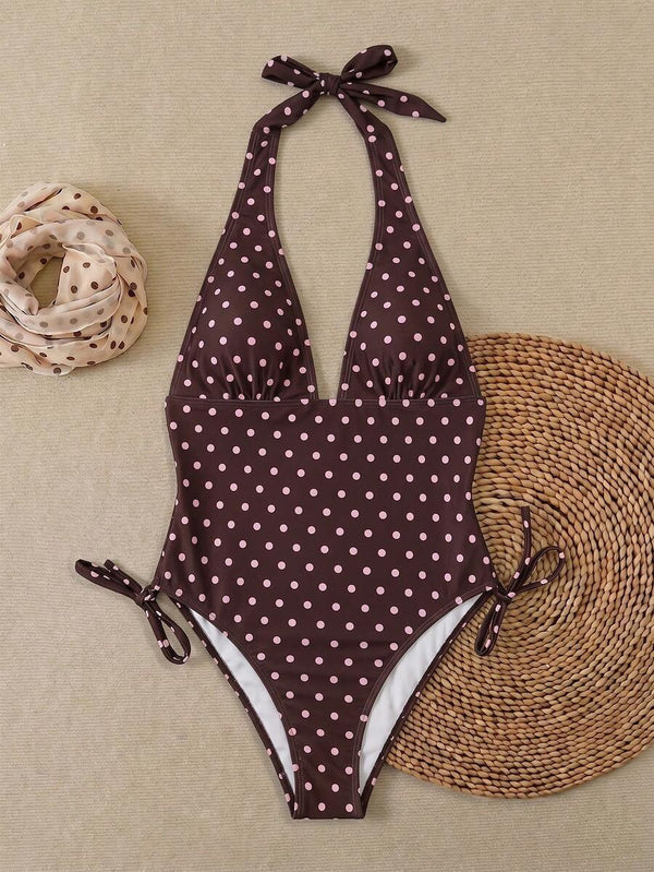Traje De Baño Entero De Lunares Con Escote Halter Café