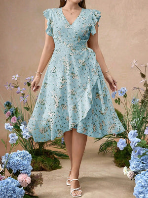 Vestido Cruzado Floral Con Volantes En Azul Cielo