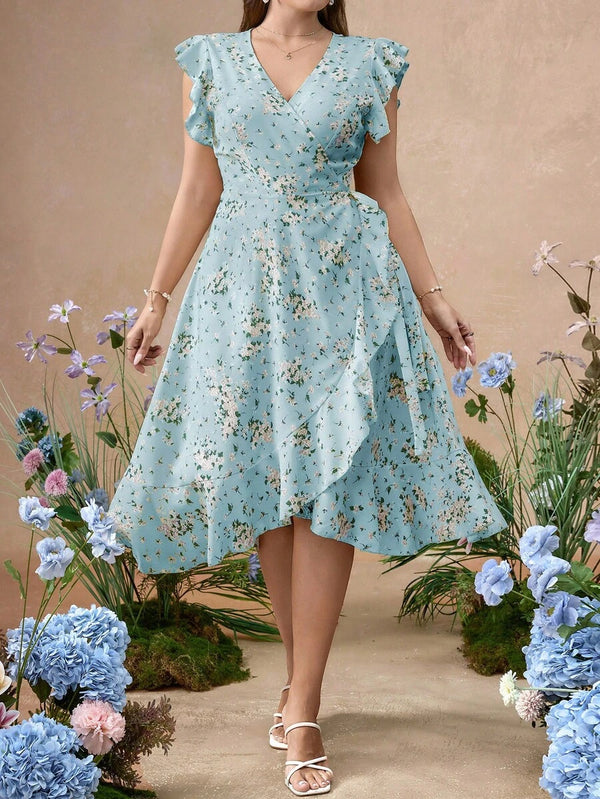 Vestido Cruzado Floral Con Volantes En Azul Cielo