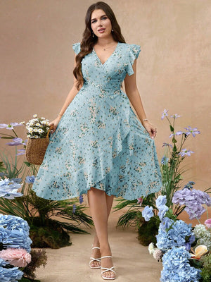 Vestido Cruzado Floral Con Volantes En Azul Cielo
