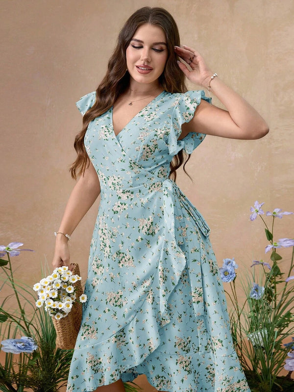 Vestido Cruzado Floral Con Volantes En Azul Cielo