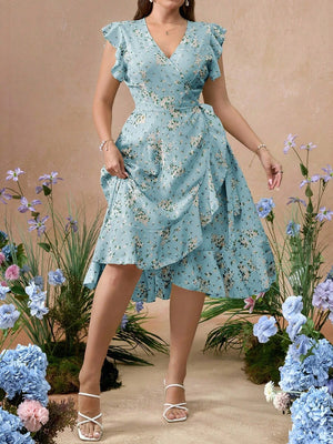Vestido Cruzado Floral Con Volantes En Azul Cielo