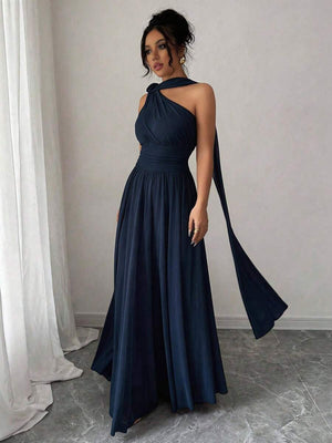 Vestido Largo Elegante De Un Hombro Azul Marino