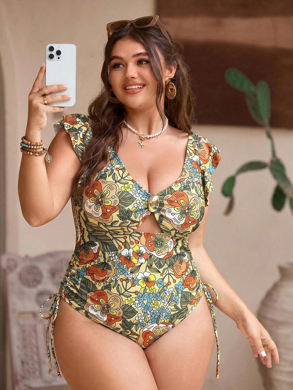 Traje De Baño Entero Floral Retro Con Volantes