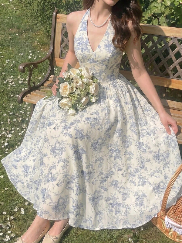 Detalle del escote en V y cuello halter del vestido con estampado floral azul.