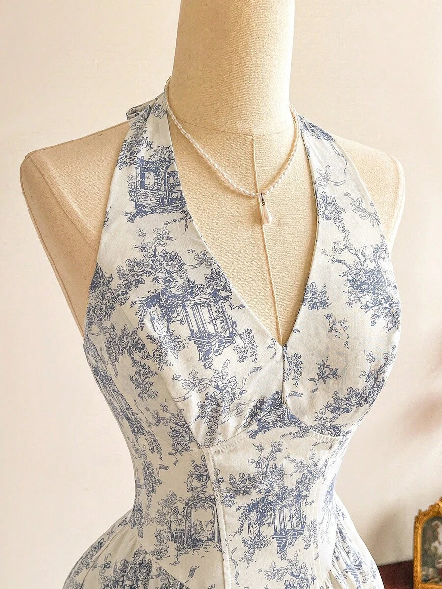 Vista frontal de un vestido halter midi con estampado floral azul y blanco de estilo romántico.