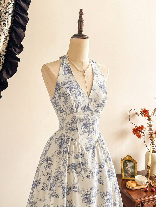 Vestido Halter Midi Con Estampado Floral Azul Y Blanco
