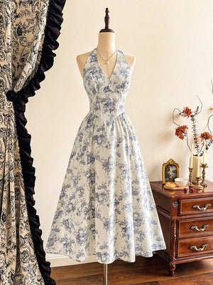 Vestido Halter Midi Con Estampado Floral Azul Y Blanco