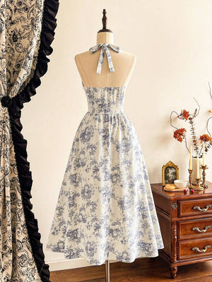 Vestido Halter Midi Con Estampado Floral Azul Y Blanco