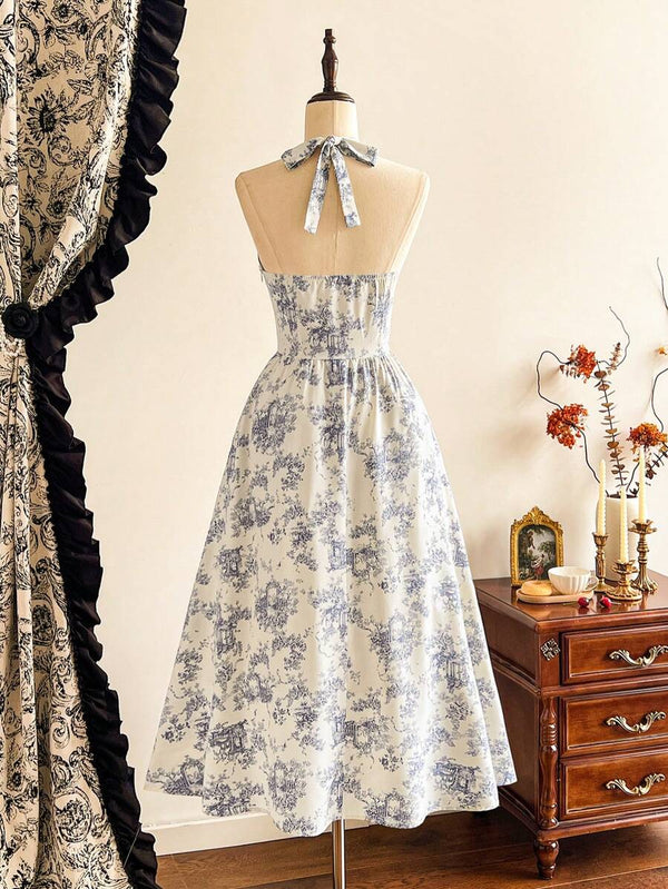Vestido Halter Midi Con Estampado Floral Azul Y Blanco