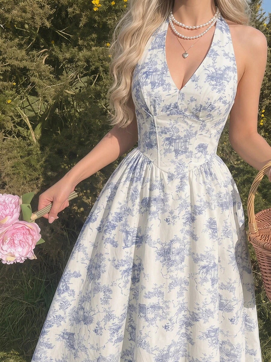Vista frontal de un vestido halter midi con estampado floral azul y blanco de estilo romántico.