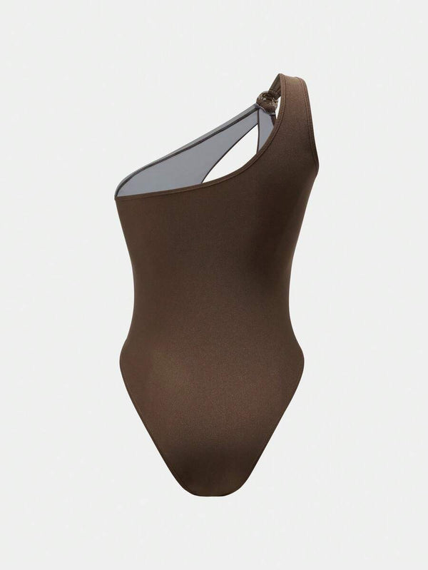 Conjunto De Baño Asimétrico Con Falda Larga Marrón