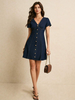Vestido Denim Casual Con Botones y Escote en V