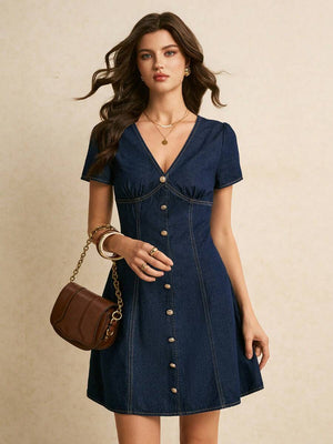 Vestido Denim Casual Con Botones y Escote en V