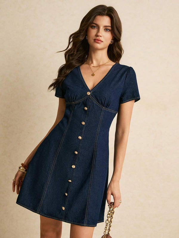 Vestido Denim Casual Con Botones y Escote en V