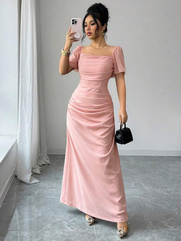 Vestido Largo Elegante Rosa Con Mangas Abullonadas
