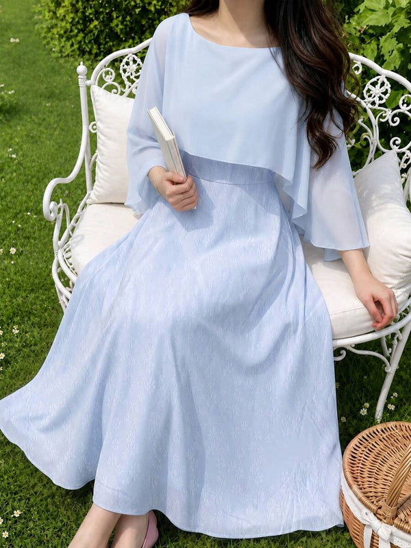 Vestido Elegante Azul Cielo Con Capa De Gasa