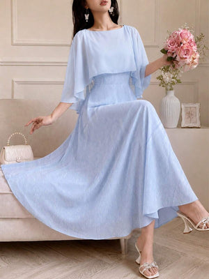 Vestido Elegante Azul Cielo Con Capa De Gasa