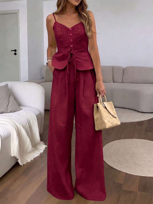 Conjunto Elegante de Pantalón Ancho y Top Burdeos