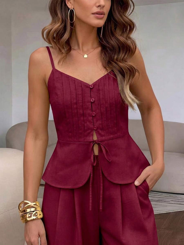 Conjunto Elegante de Pantalón Ancho y Top Burdeos