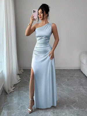 Vestido Largo Asimétrico Celeste Para Fiesta