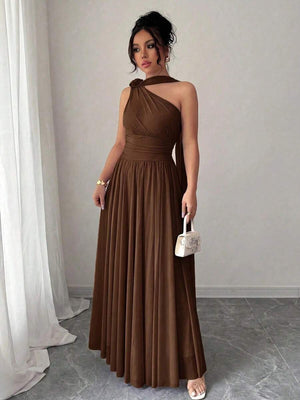 Vestido Largo Asimétrico Marrón Elegante Para Fiesta