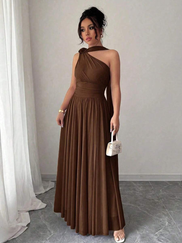 Vestido Largo Asimétrico Marrón Elegante Para Fiesta