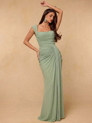 Vestido Largo Elegante Fruncido Verde Salvia