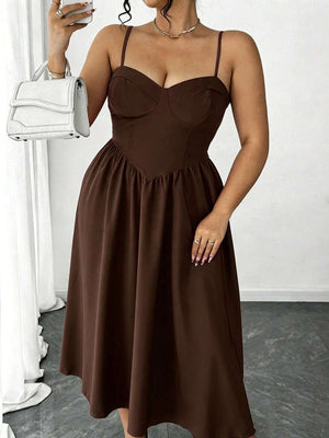 Vestido Midi Marrón Elegante Con Escote Corazón