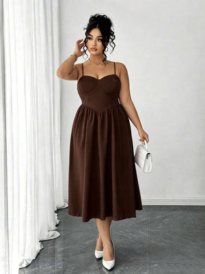 Vestido Midi Marrón Elegante Con Escote Corazón