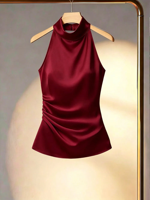 Blusa Elegante Burdeos Con Detalle Fruncido Sin Mangas