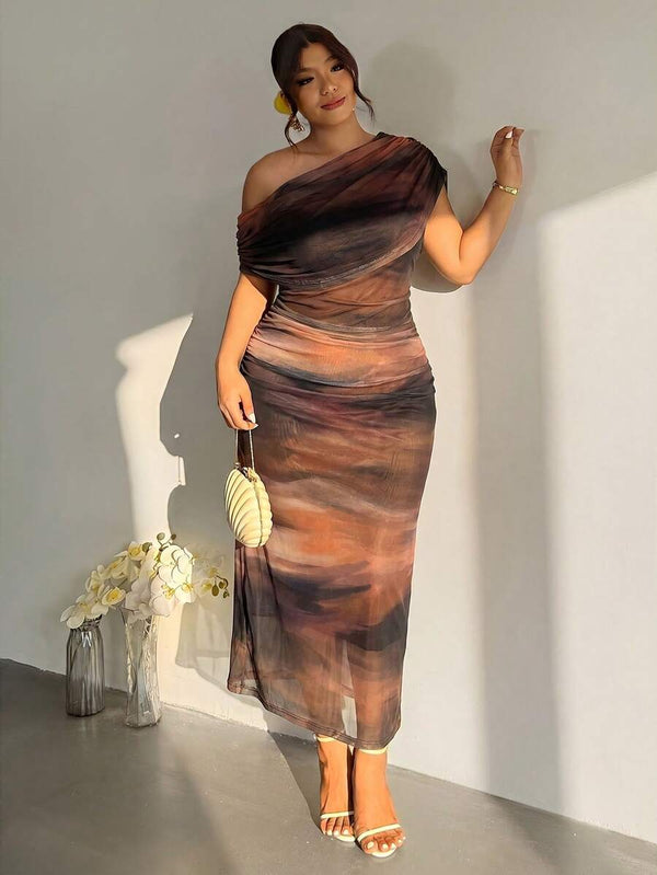 Vestido Asimétrico Fruncido Con Estampado Abstracto
