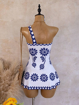 Vestido Corto Asimétrico Con Estampado Floral Azul
