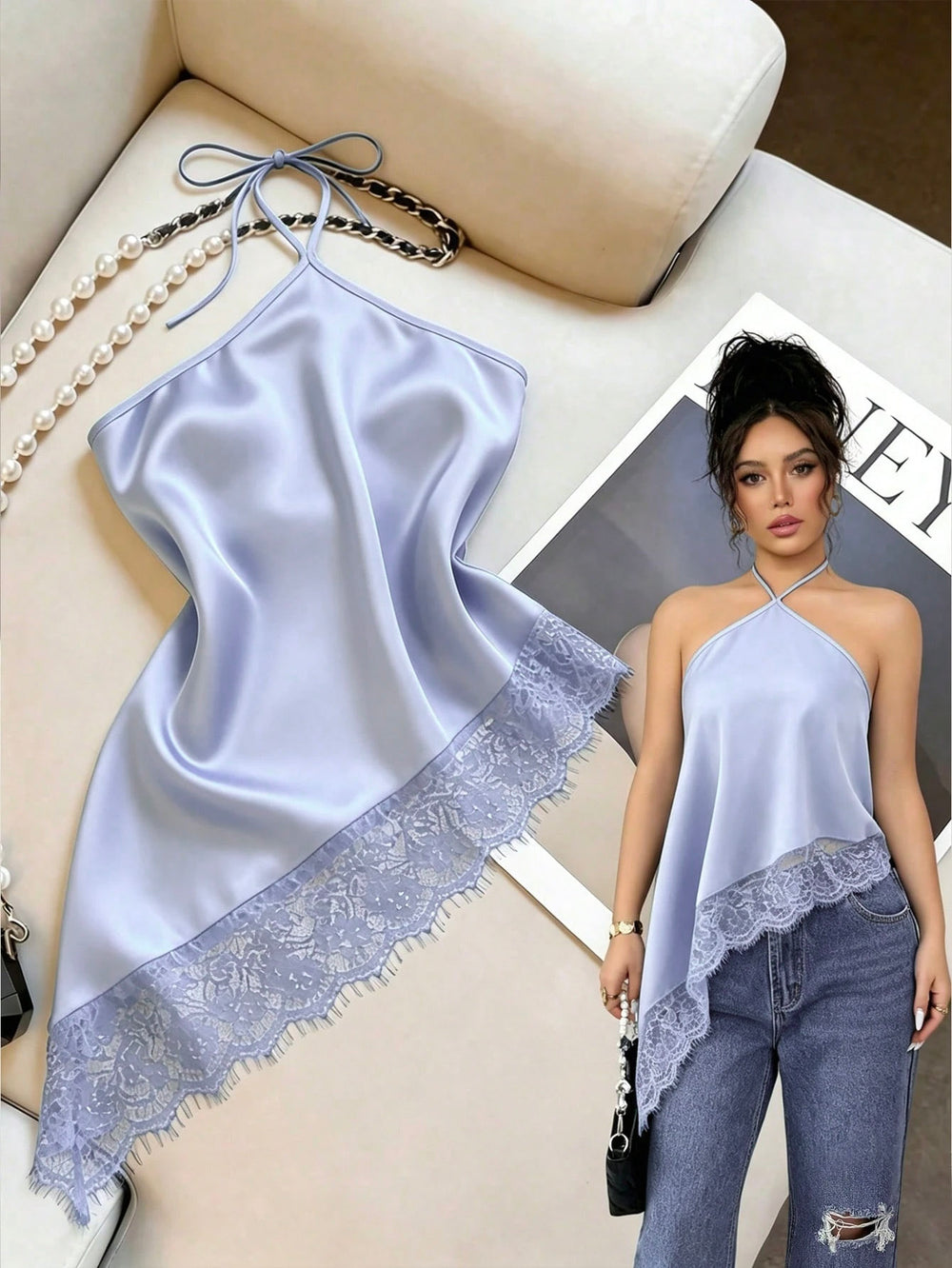 Blusa halter satinada color celeste lavanda con bajo asimétrico de encaje floral