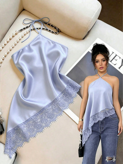 Blusa Halter Satinada Con Encaje Asimétrico