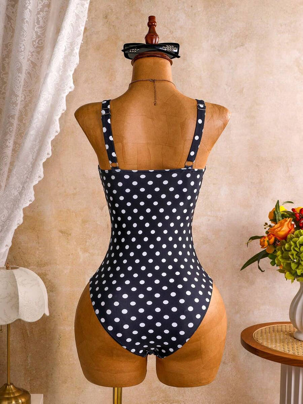 Traje De Baño De Lunares Con Pareo Y Anillo