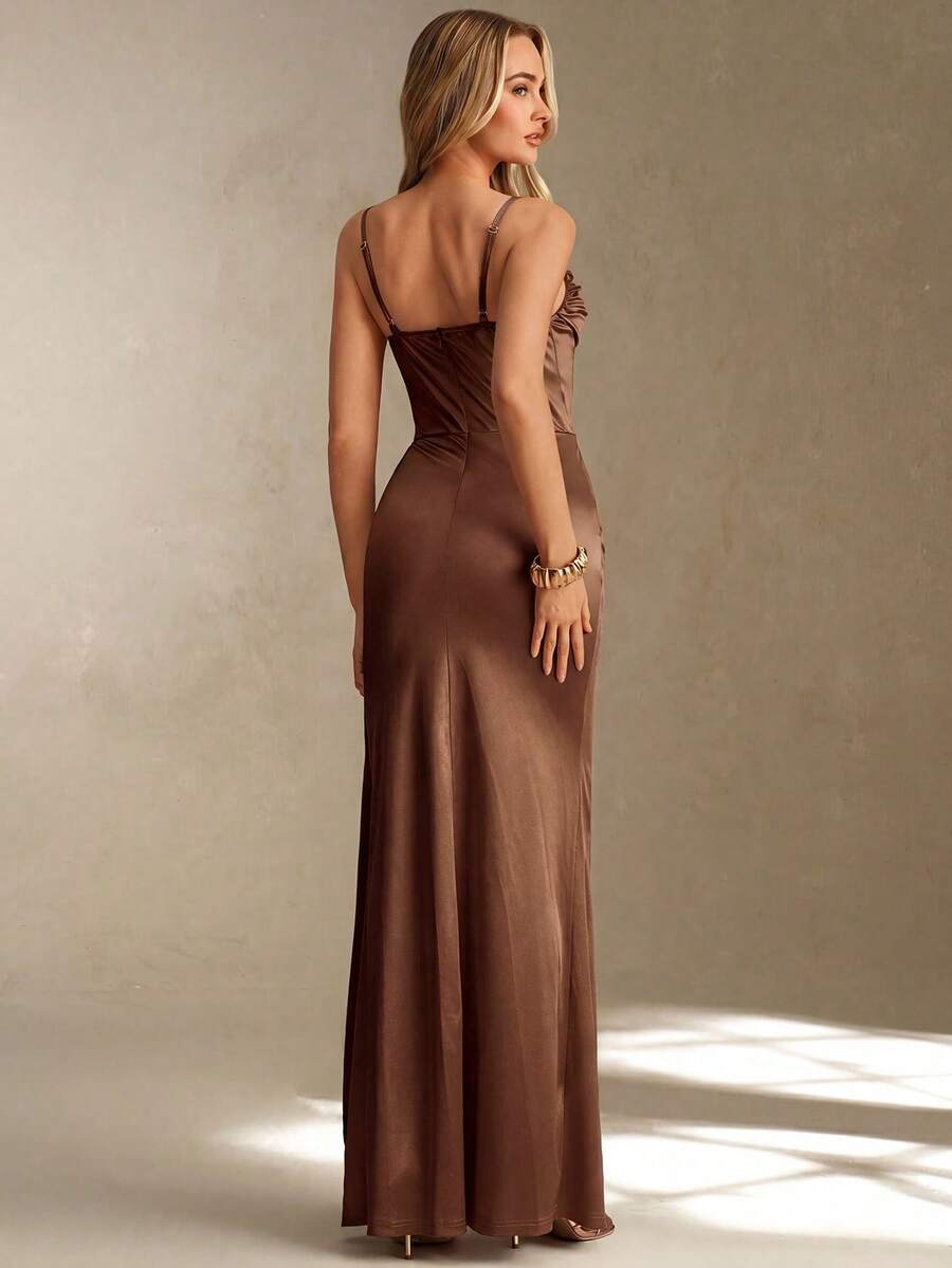 Vestido Satinado Café Tipo Corset Con Abertura