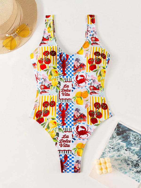 Traje de Baño Pop Art de Una Pieza con Espalda Descubierta