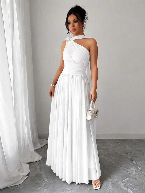 Vestido Largo Elegante de Un Hombro Blanco