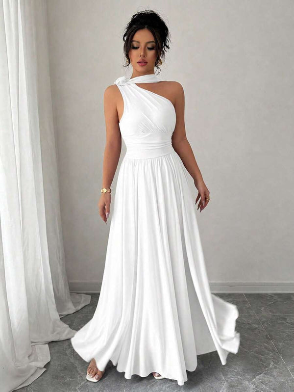 Vestido Largo Elegante de Un Hombro Blanco